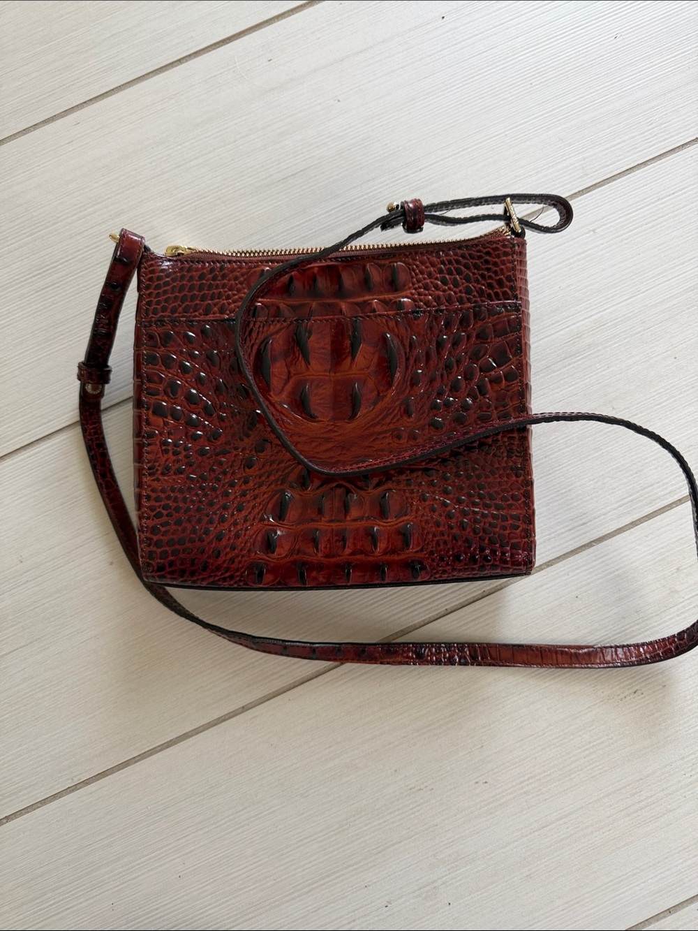 Brahmin Croc-Embossed Crossbody in Deep Chestnut Brown with Gold Hardware - Picture 3 of 3